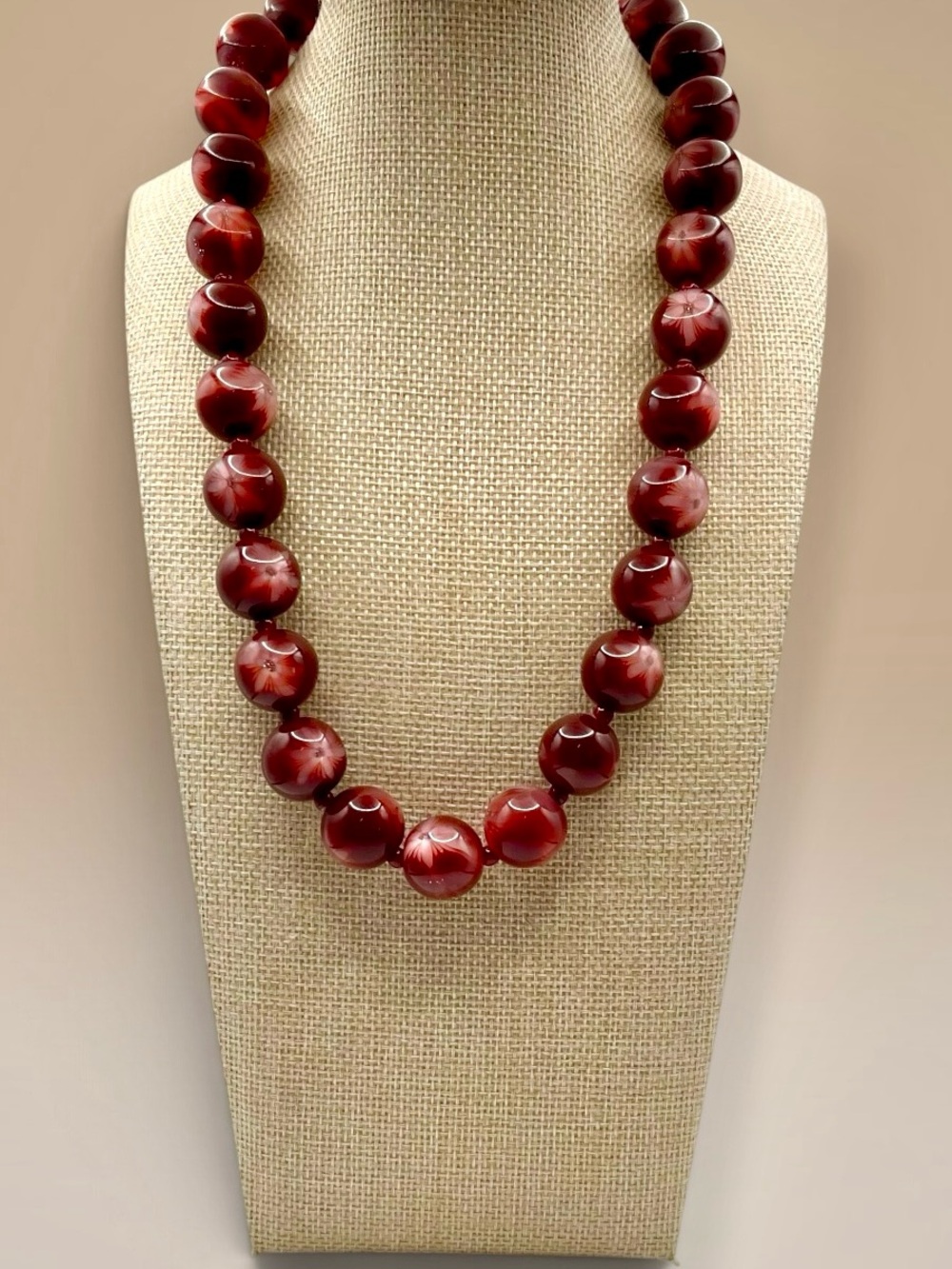Vintage Translucent Burgundy Red Marbled Chunky Beaded Statement Necklace